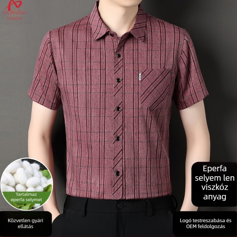 Nyári férfi rövid ujjú ing len és Mulberry Silk anyagból, kockás mintázat, zsebbel