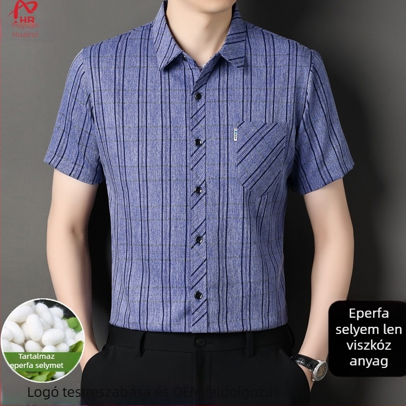 Nyári férfi rövid ujjú ing len és Mulberry Silk anyagból, kockás mintázat, zsebbel