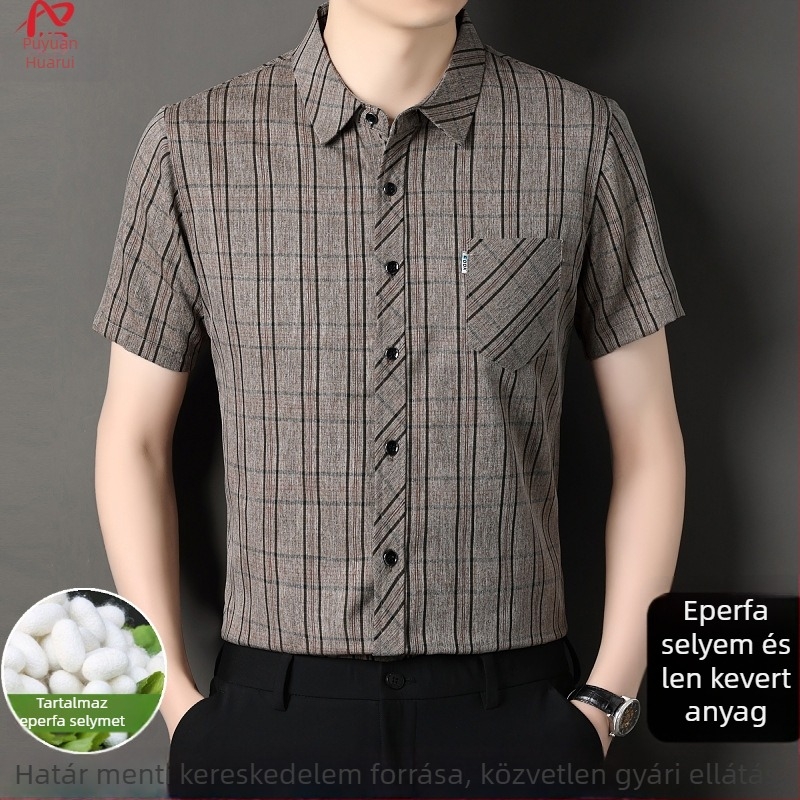 Nyári férfi rövid ujjú ing len és Mulberry Silk anyagból, kockás mintázat, zsebbel