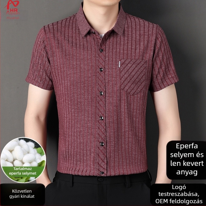 Nyári férfi rövid ujjú ing len és Mulberry Silk anyagból, kockás mintázat, zsebbel
