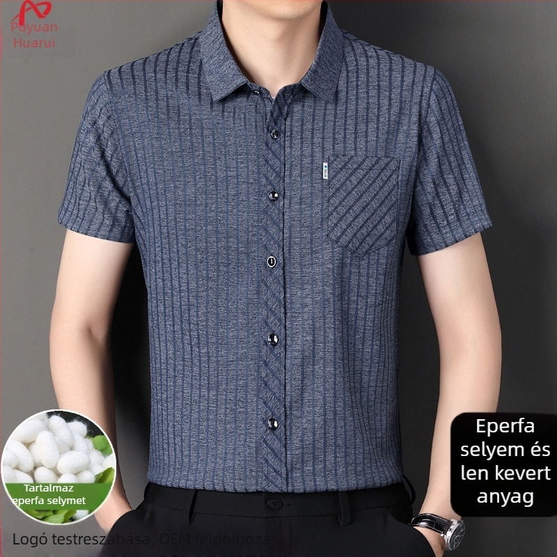Nyári férfi rövid ujjú ing len és Mulberry Silk anyagból, kockás mintázat, zsebbel