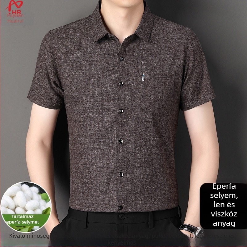 Nyári férfi rövid ujjú ing len és Mulberry Silk anyagból, kockás mintázat, zsebbel