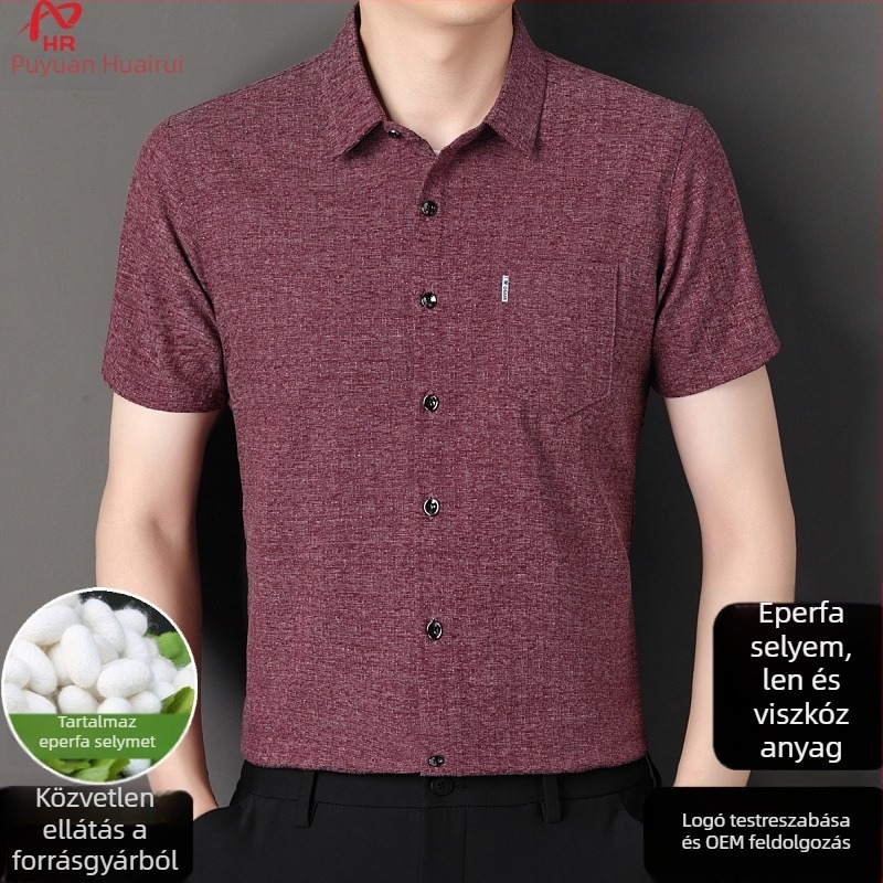Nyári férfi rövid ujjú ing len és Mulberry Silk anyagból, kockás mintázat, zsebbel