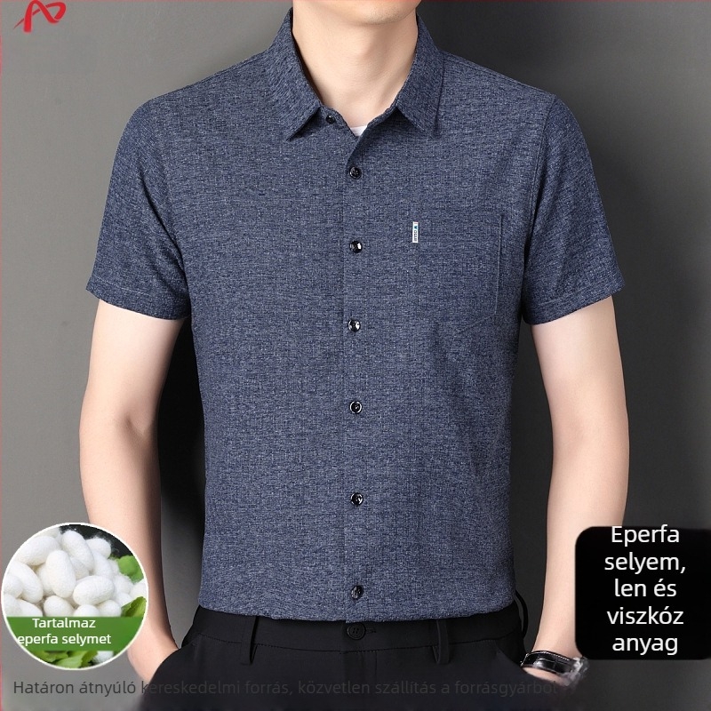 Nyári férfi rövid ujjú ing len és Mulberry Silk anyagból, kockás mintázat, zsebbel