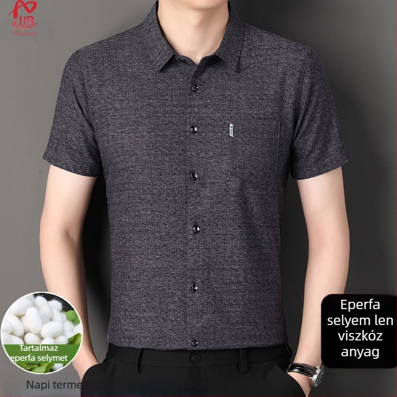 Nyári férfi rövid ujjú ing len és Mulberry Silk anyagból, kockás mintázat, zsebbel