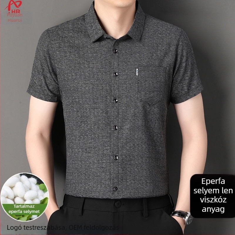 Nyári férfi rövid ujjú ing len és Mulberry Silk anyagból, kockás mintázat, zsebbel