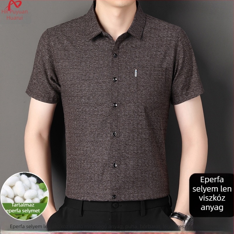 Nyári férfi rövid ujjú ing len és Mulberry Silk anyagból, kockás mintázat, zsebbel