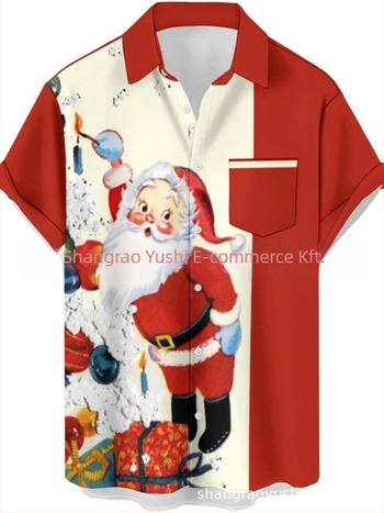 Férfi hawaii stílusú ing, galléros, 3D digitális nyomtatás Mikulás és rénszarvas mintával, rövid ujjú, lazán szabott, poliészter
