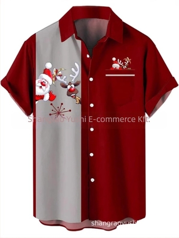 Férfi hawaii stílusú ing, galléros, 3D digitális nyomtatás Mikulás és rénszarvas mintával, rövid ujjú, lazán szabott, poliészter
