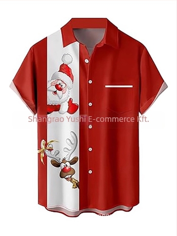 Férfi hawaii stílusú ing, galléros, 3D digitális nyomtatás Mikulás és rénszarvas mintával, rövid ujjú, lazán szabott, poliészter
