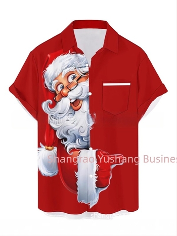 Férfi hawaii stílusú ing, galléros, 3D digitális nyomtatás Mikulás és rénszarvas mintával, rövid ujjú, lazán szabott, poliészter