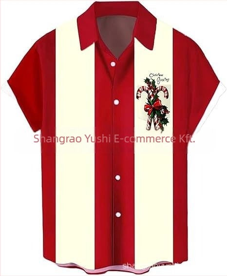 Férfi hawaii stílusú ing, galléros, 3D digitális nyomtatás Mikulás és rénszarvas mintával, rövid ujjú, lazán szabott, poliészter