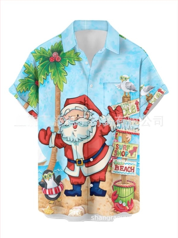 Férfi hawaii stílusú ing, galléros, 3D digitális nyomtatás Mikulás és rénszarvas mintával, rövid ujjú, lazán szabott, poliészter