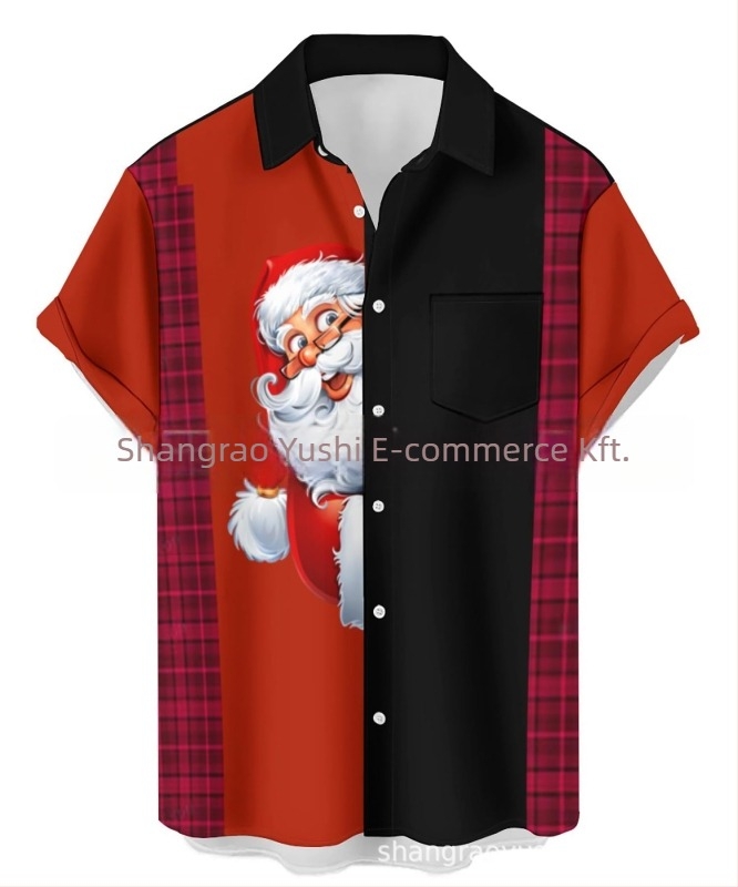 Férfi hawaii stílusú ing, galléros, 3D digitális nyomtatás Mikulás és rénszarvas mintával, rövid ujjú, lazán szabott, poliészter