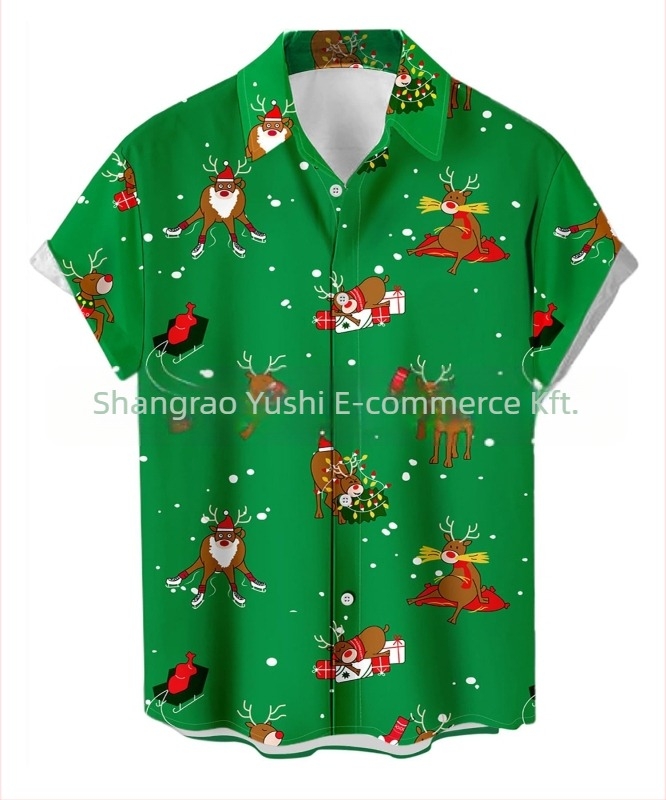 Férfi hawaii stílusú ing, galléros, 3D digitális nyomtatás Mikulás és rénszarvas mintával, rövid ujjú, lazán szabott, poliészter