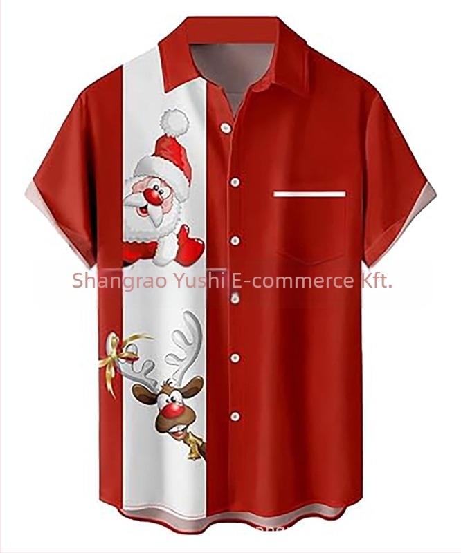 Férfi hawaii stílusú ing, galléros, 3D digitális nyomtatás Mikulás és rénszarvas mintával, rövid ujjú, lazán szabott, poliészter