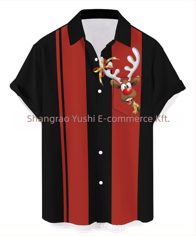 Férfi hawaii stílusú ing, galléros, 3D digitális nyomtatás Mikulás és rénszarvas mintával, rövid ujjú, lazán szabott, poliészter