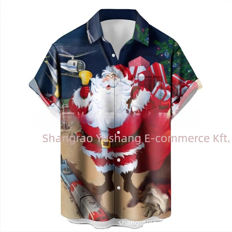 Férfi hawaii stílusú ing, galléros, 3D digitális nyomtatás Mikulás és rénszarvas mintával, rövid ujjú, lazán szabott, poliészter