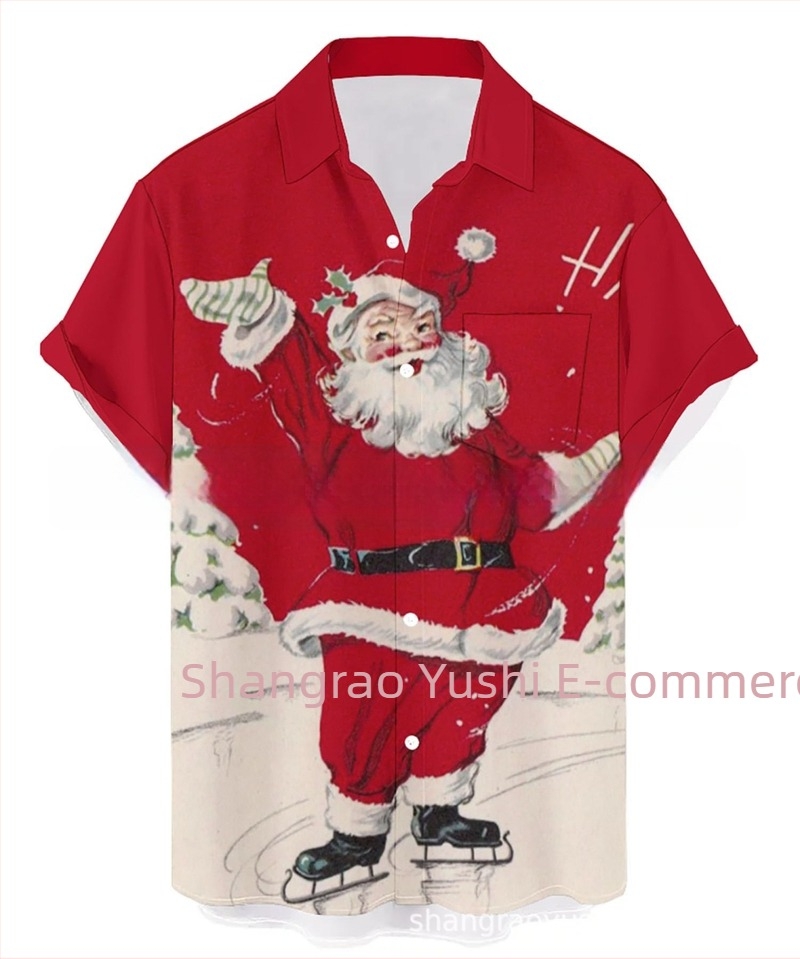Férfi hawaii stílusú ing, galléros, 3D digitális nyomtatás Mikulás és rénszarvas mintával, rövid ujjú, lazán szabott, poliészter