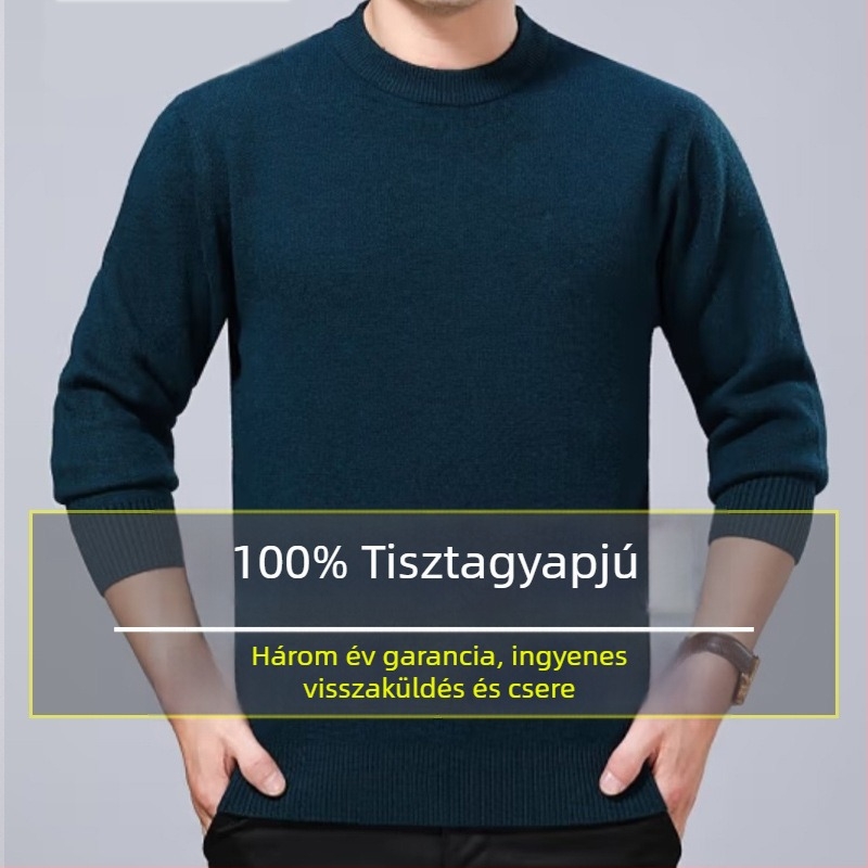 Férfiak számára készült 100%-os tiszta gyapjúból készült vastag pulóver, kerek nyakú, téli viselet