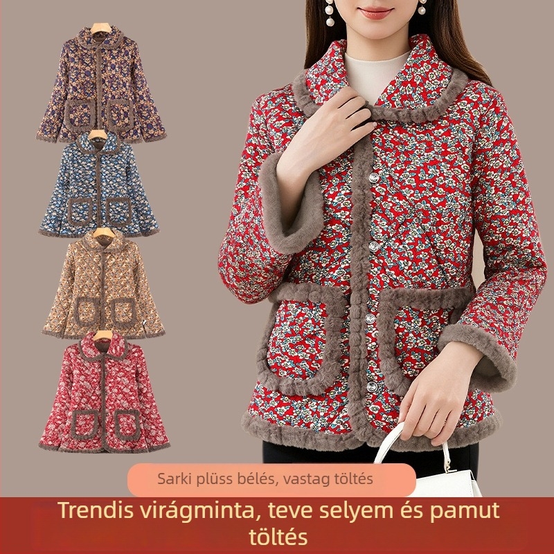 Női pamut-párnázott kabát fleece béléssel, polo gallér, háromgombos zárás, geometriai mintázat, téli 2025