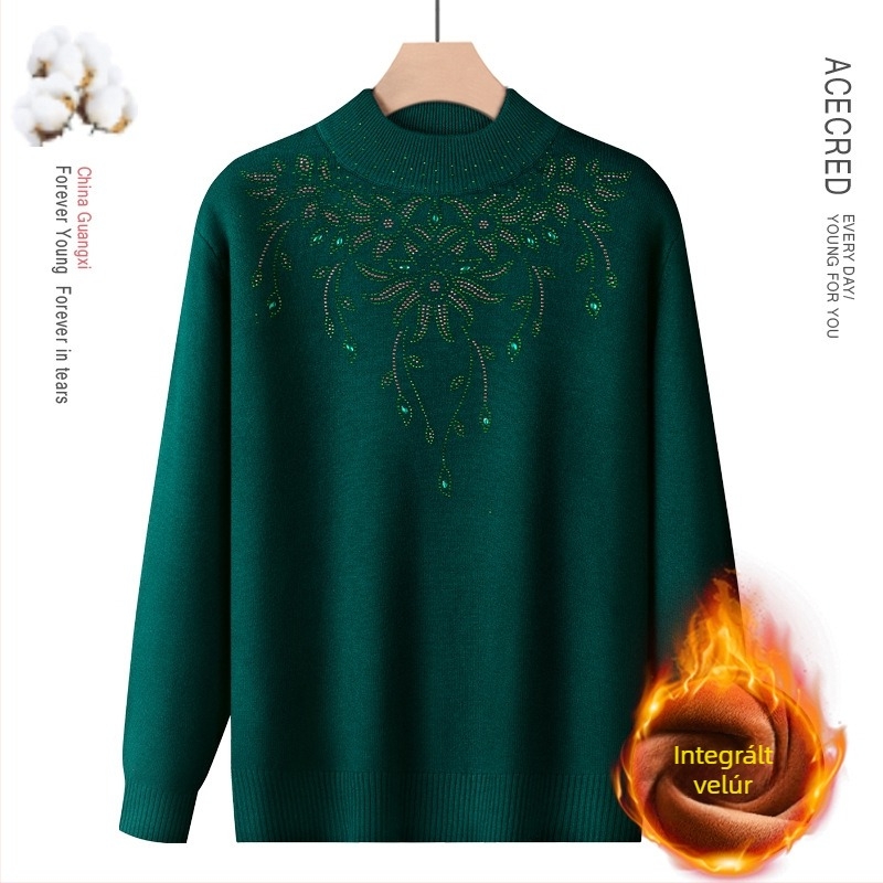 Női gyapjúkeverék pulóver fél magas gallérral, hosszú ujjú, hossz 50–65 cm (Poliészter 30–50%)