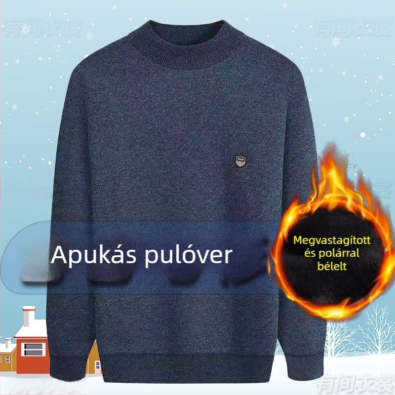 Fleece-beléssel bélelt vastag kötött pulóver kerek nyakkal, középkorú és idős férfiak számára, plusz méret, téli ruházat