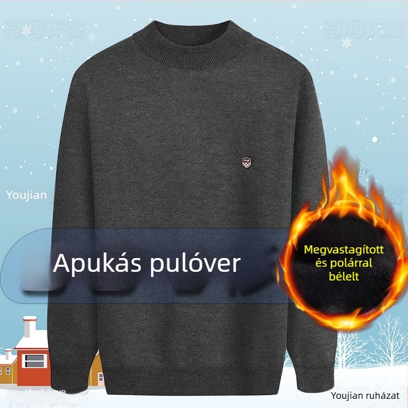 Fleece-beléssel bélelt vastag kötött pulóver kerek nyakkal, középkorú és idős férfiak számára, plusz méret, téli ruházat