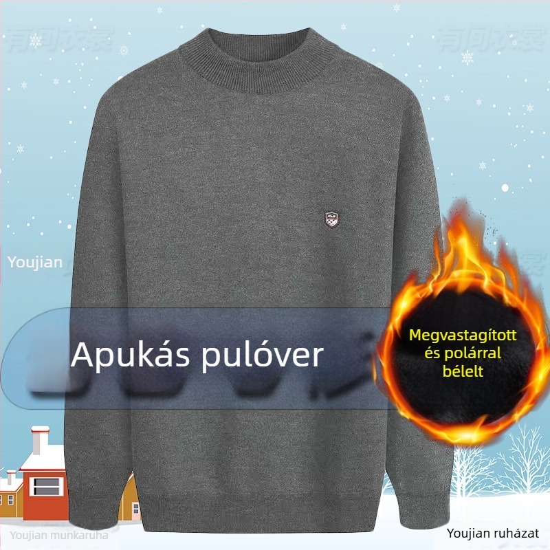 Fleece-beléssel bélelt vastag kötött pulóver kerek nyakkal, középkorú és idős férfiak számára, plusz méret, téli ruházat