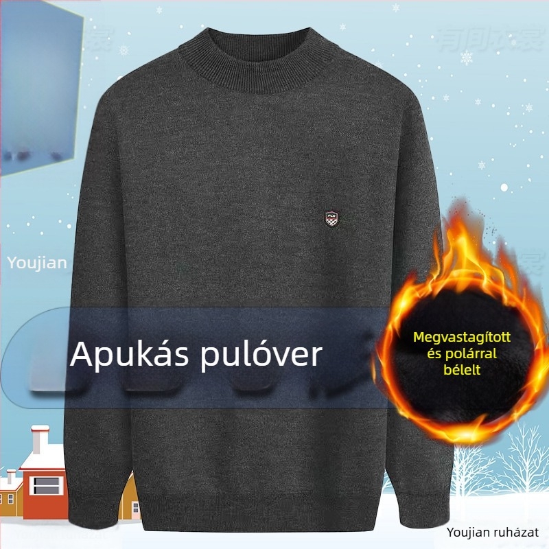 Fleece-beléssel bélelt vastag kötött pulóver kerek nyakkal, középkorú és idős férfiak számára, plusz méret, téli ruházat
