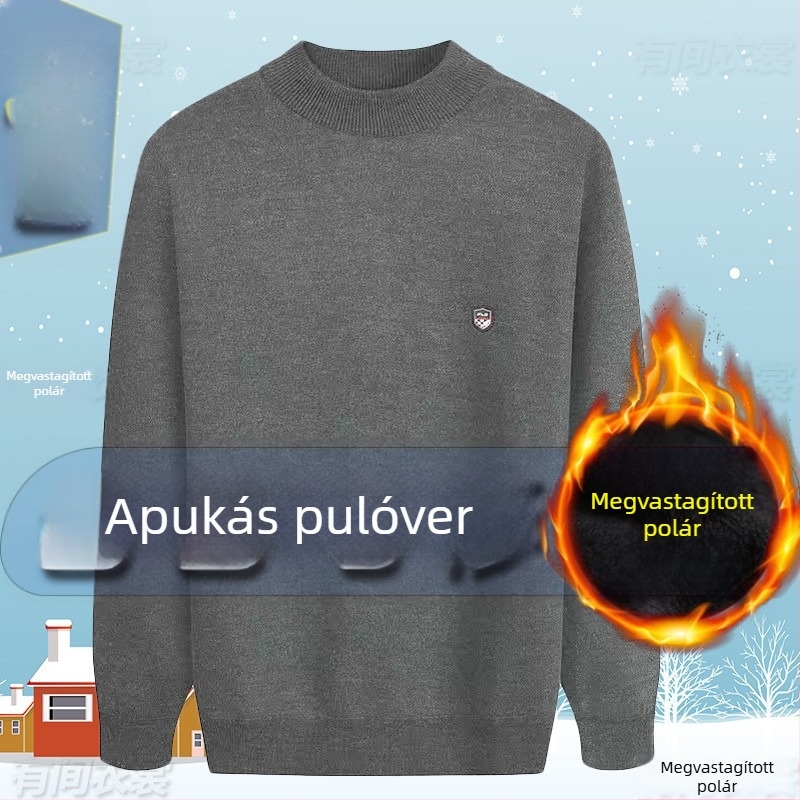 Fleece-beléssel bélelt vastag kötött pulóver kerek nyakkal, középkorú és idős férfiak számára, plusz méret, téli ruházat