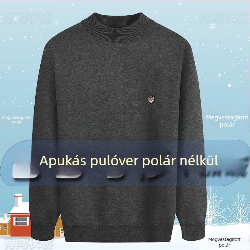 Fleece-beléssel bélelt vastag kötött pulóver kerek nyakkal, középkorú és idős férfiak számára, plusz méret, téli ruházat