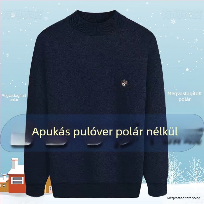 Fleece-beléssel bélelt vastag kötött pulóver kerek nyakkal, középkorú és idős férfiak számára, plusz méret, téli ruházat