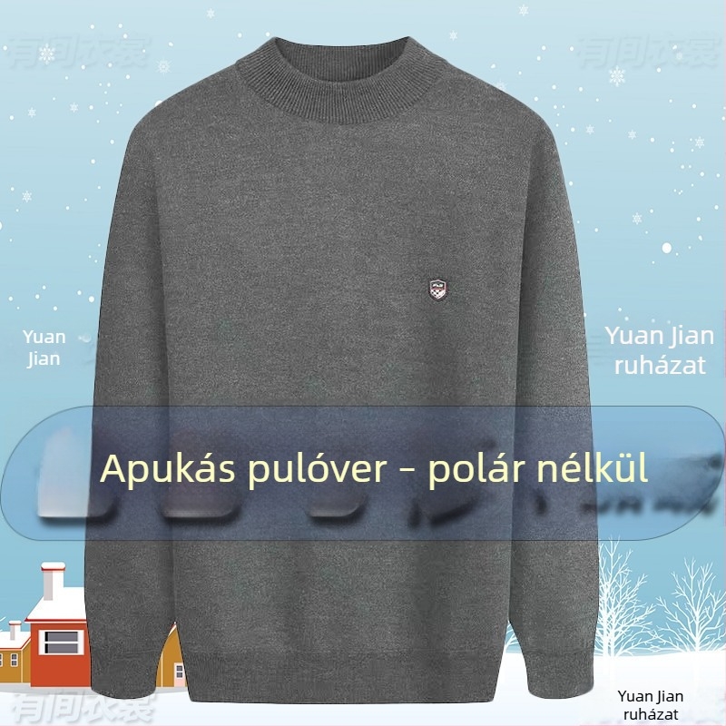 Fleece-beléssel bélelt vastag kötött pulóver kerek nyakkal, középkorú és idős férfiak számára, plusz méret, téli ruházat