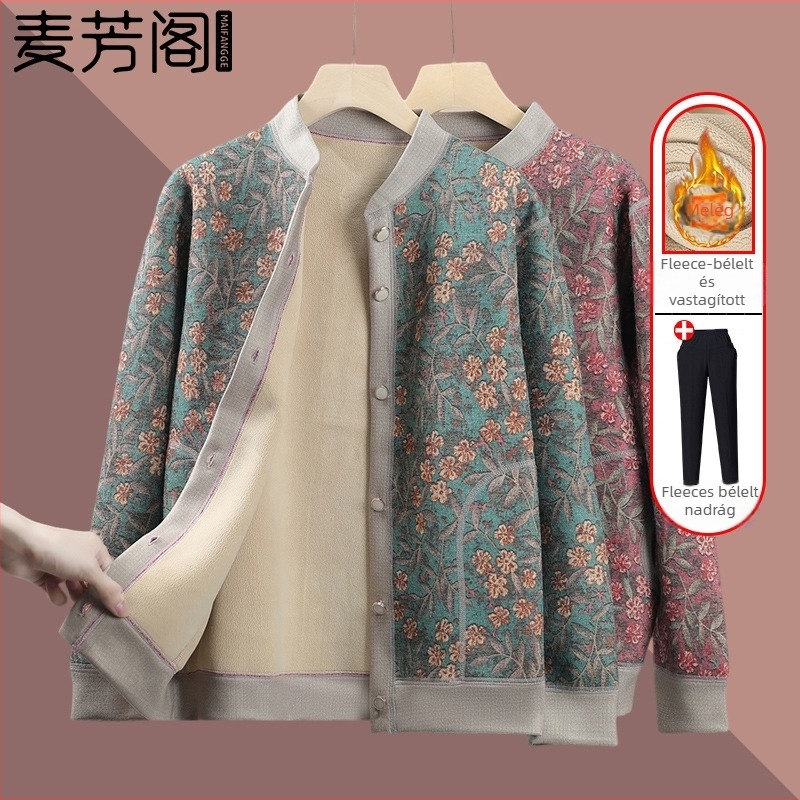 Senior nők téli kötött kardigán fleece béléssel, poliészter (>95%), V-nyak, hosszú ujjú, lezser stílus