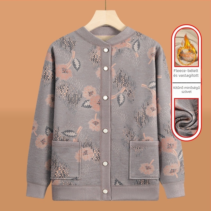 Senior nők téli kötött kardigán fleece béléssel, poliészter (>95%), V-nyak, hosszú ujjú, lezser stílus