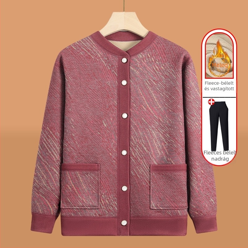 Senior nők téli kötött kardigán fleece béléssel, poliészter (>95%), V-nyak, hosszú ujjú, lezser stílus