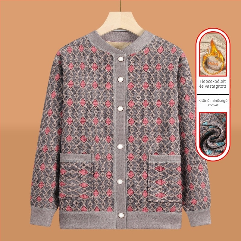 Senior nők téli kötött kardigán fleece béléssel, poliészter (>95%), V-nyak, hosszú ujjú, lezser stílus