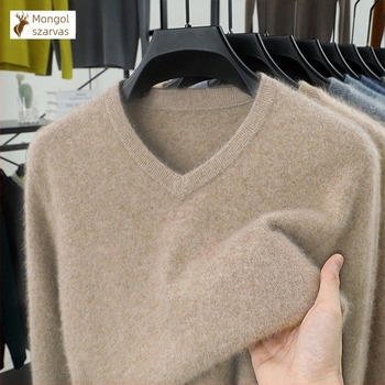 Férfi 100% gyapjú kötött pulóver, Slim fit, kerek nyak, hosszú ujjú, vastag kötés