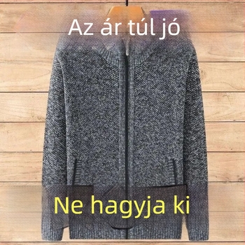 Férfi kötött cipzáros kardigán, kerek nyakú, hosszú ujjú, vast kötés, őszi–téli viselet