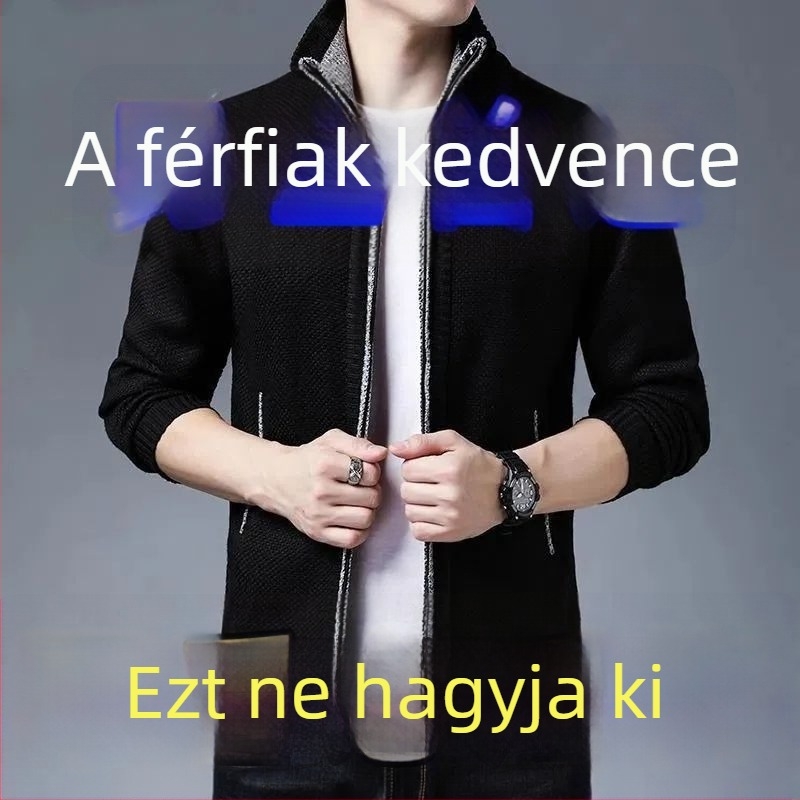 Férfi kötött cipzáros kardigán, kerek nyakú, hosszú ujjú, vast kötés, őszi–téli viselet