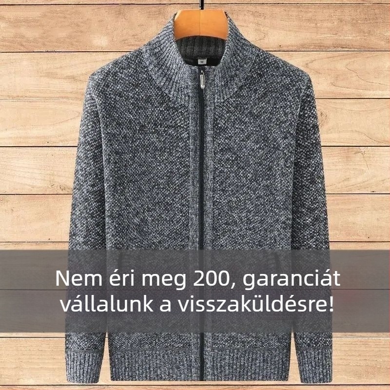 Férfi kötött cipzáros kardigán, kerek nyakú, hosszú ujjú, vast kötés, őszi–téli viselet