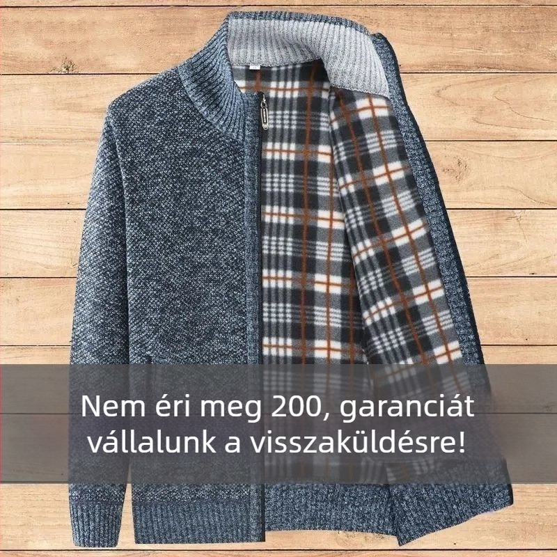Férfi kötött cipzáros kardigán, kerek nyakú, hosszú ujjú, vast kötés, őszi–téli viselet