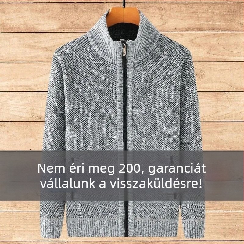 Férfi kötött cipzáros kardigán, kerek nyakú, hosszú ujjú, vast kötés, őszi–téli viselet