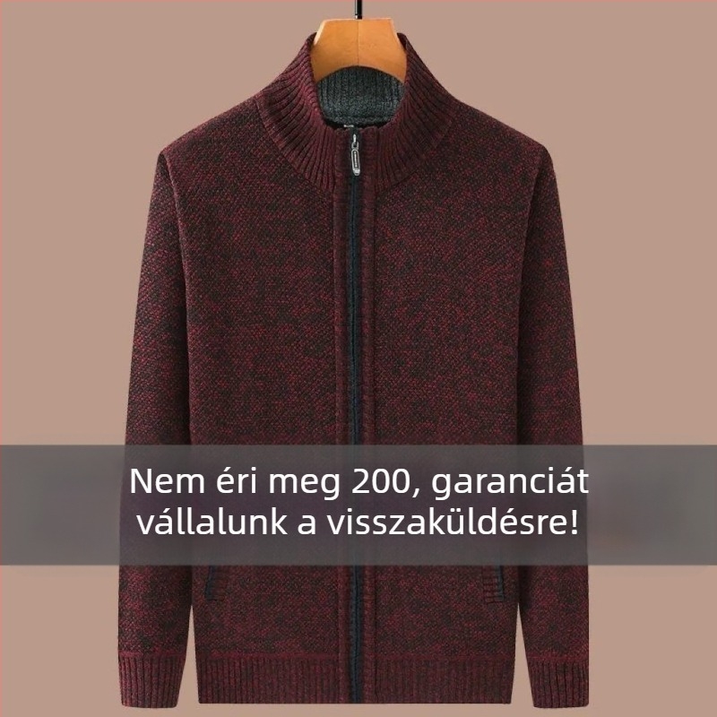 Férfi kötött cipzáros kardigán, kerek nyakú, hosszú ujjú, vast kötés, őszi–téli viselet