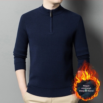 Férfi gyapjú-kasmír pulóver fleece bélés, cipzár, kerek gallér, hosszú ujjú, szoros fazon
