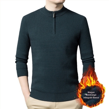 Férfi gyapjú-kasmír pulóver fleece bélés, cipzár, kerek gallér, hosszú ujjú, szoros fazon