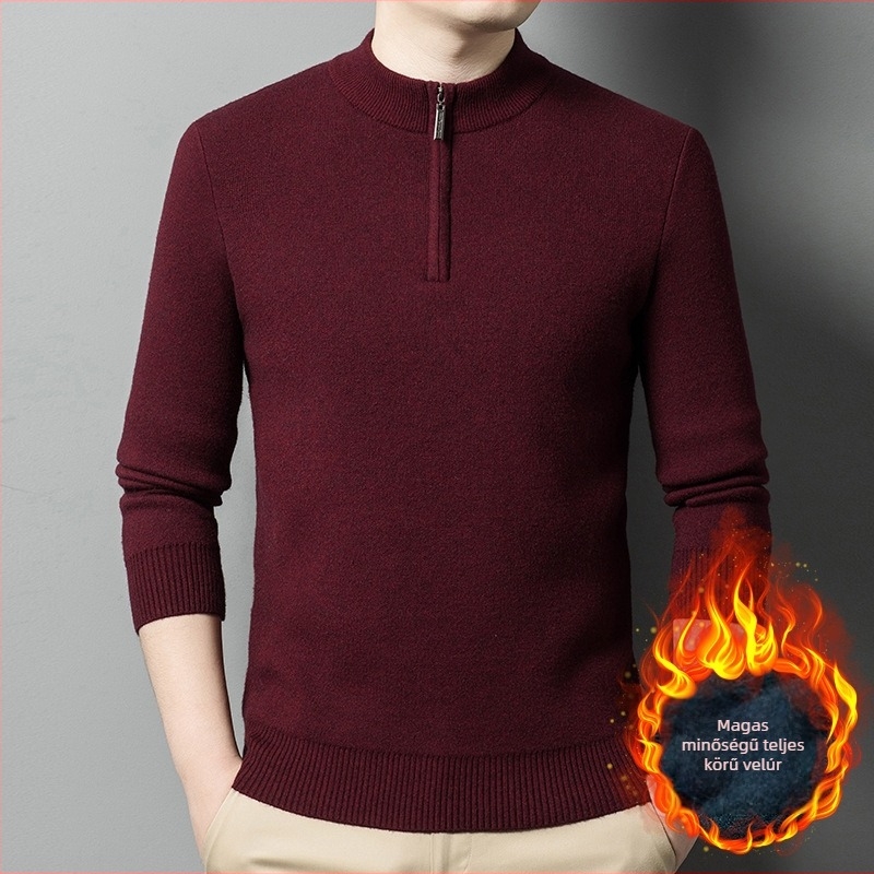 Férfi gyapjú-kasmír pulóver fleece bélés, cipzár, kerek gallér, hosszú ujjú, szoros fazon