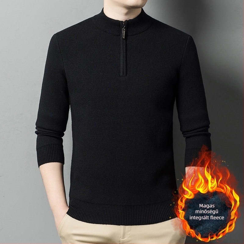 Férfi gyapjú-kasmír pulóver fleece bélés, cipzár, kerek gallér, hosszú ujjú, szoros fazon