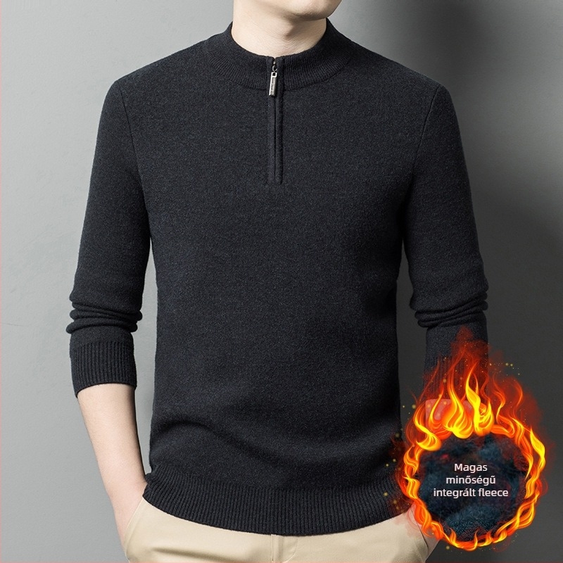 Férfi gyapjú-kasmír pulóver fleece bélés, cipzár, kerek gallér, hosszú ujjú, szoros fazon